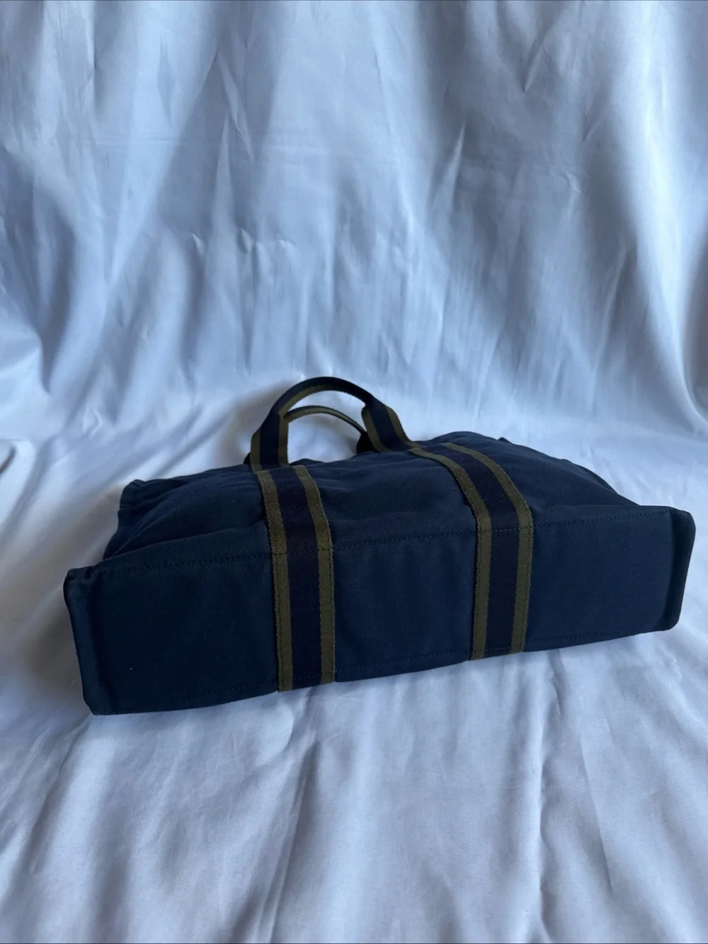 Hermes Navy Canvas Tote with Olive Straps